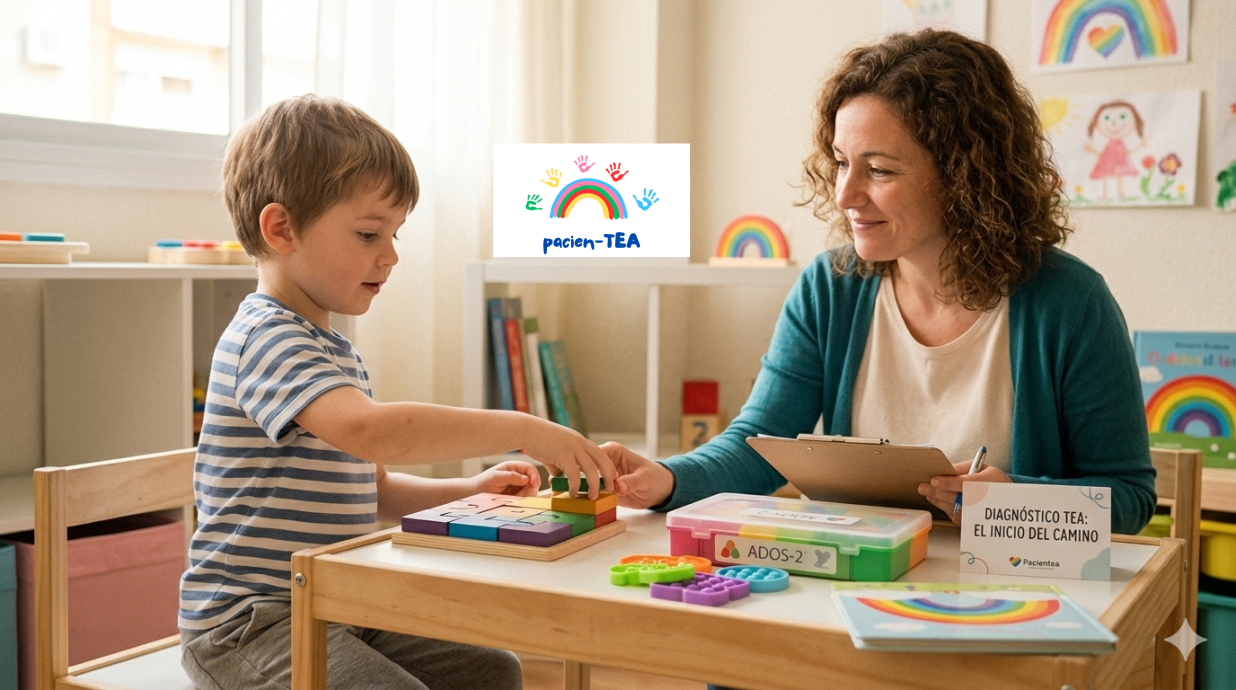 Niño sentado en una silla, jugando con juegos sensoriales, acompañado de una chica que está a su lado observando y jugando con el niño