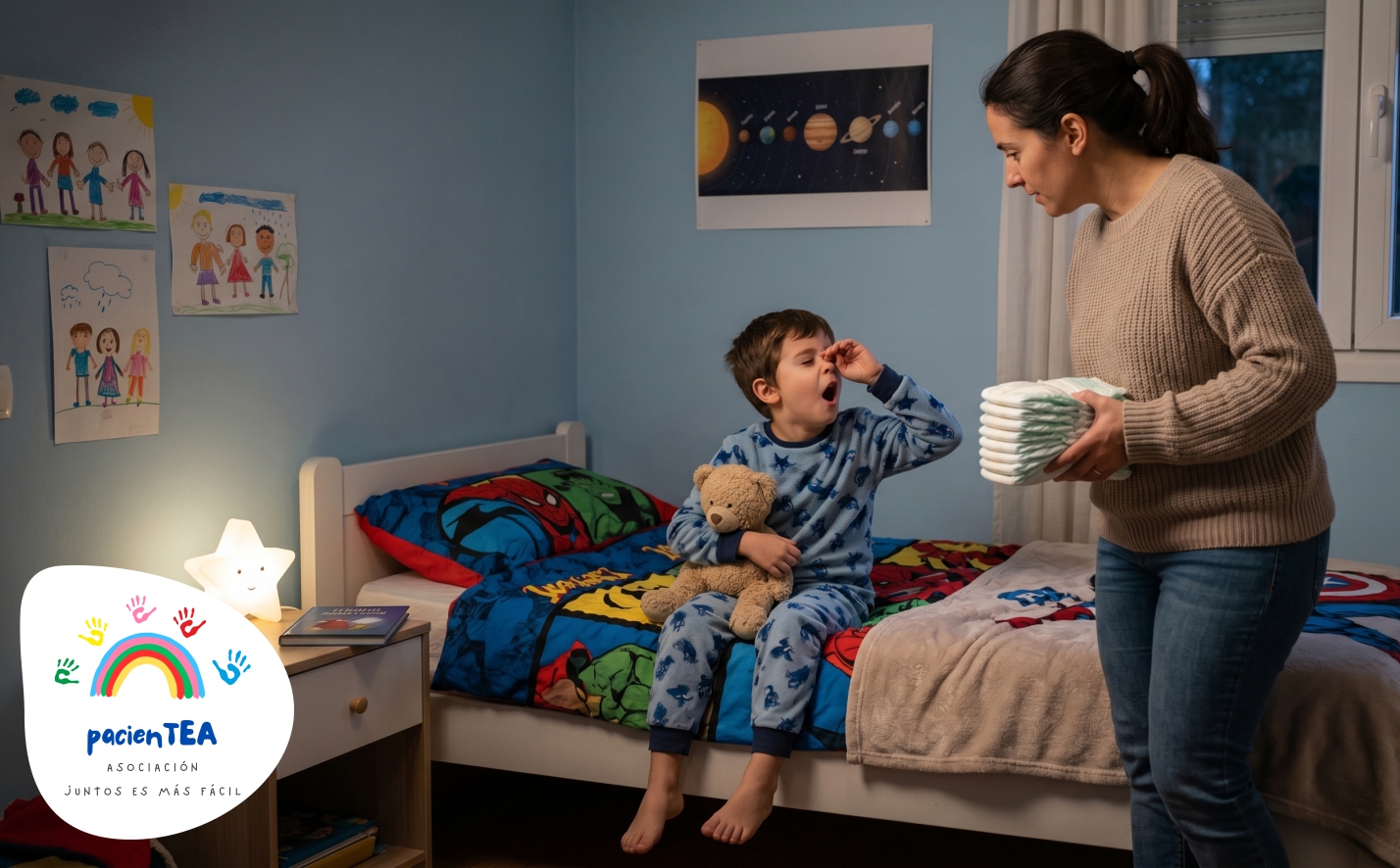 mama en habitación del niño con pañales en la mano, niño de 7 años sentado en la cama, para irse a dormir.