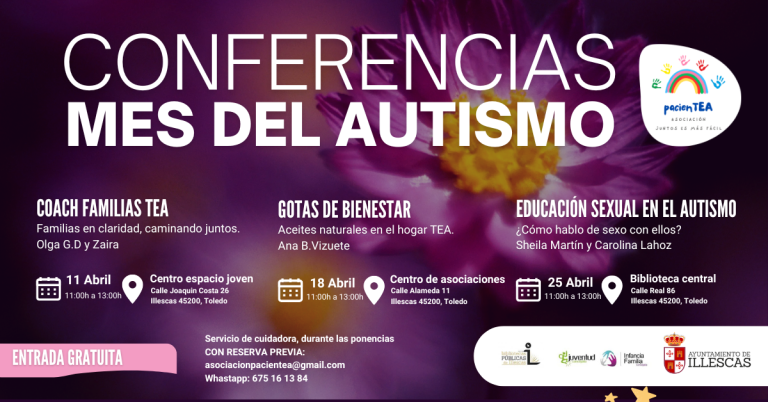 Cartel conferencias mes del autismo, Charlas día 11, 18 y 25 de 11 a 13 de la tarde.