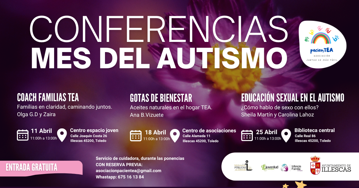 Cartel conferencias mes del autismo, Charlas día 11, 18 y 25 de 11 a 13 de la tarde.