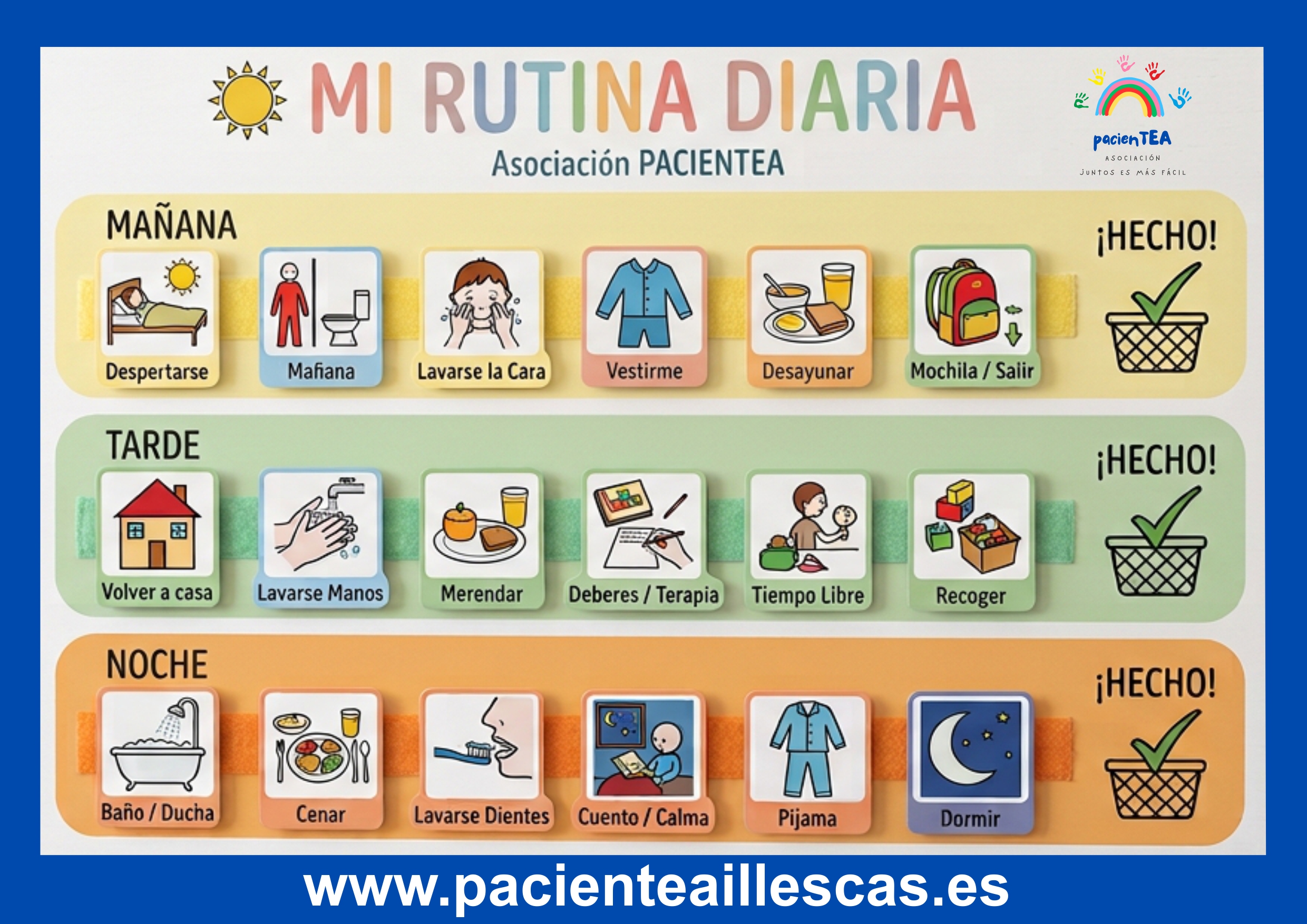 panel de mi rutina, con pictogramas del día completo. mañana, medio dia y noche. arasaac